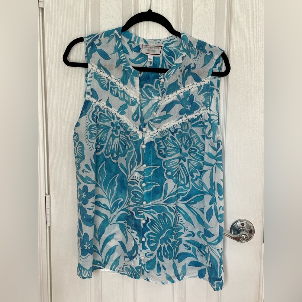 Johnny Was Aqua Blue Floral Print Sleeveless Blouse